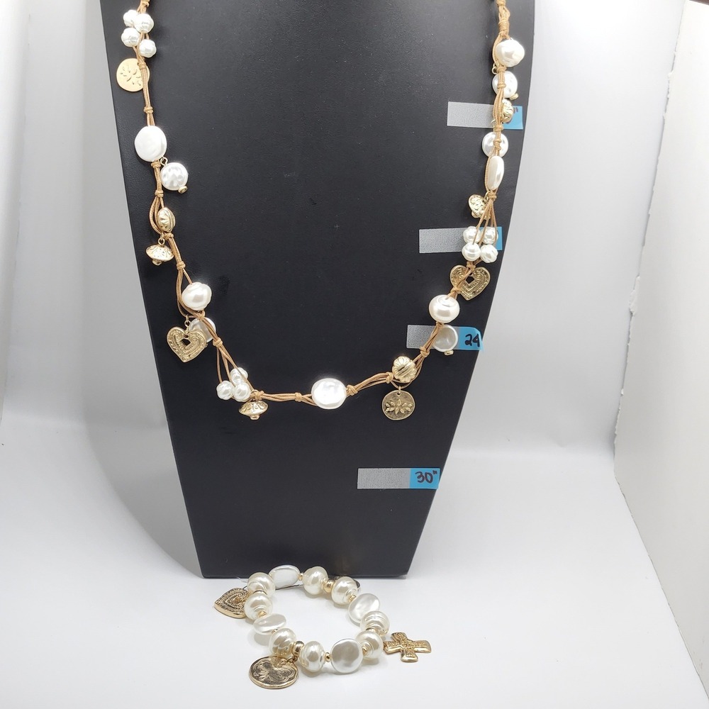 Boho Glam Faux Pearl Necklace and Charm‎ Bracelet Set Chicos Statement Jewelry
